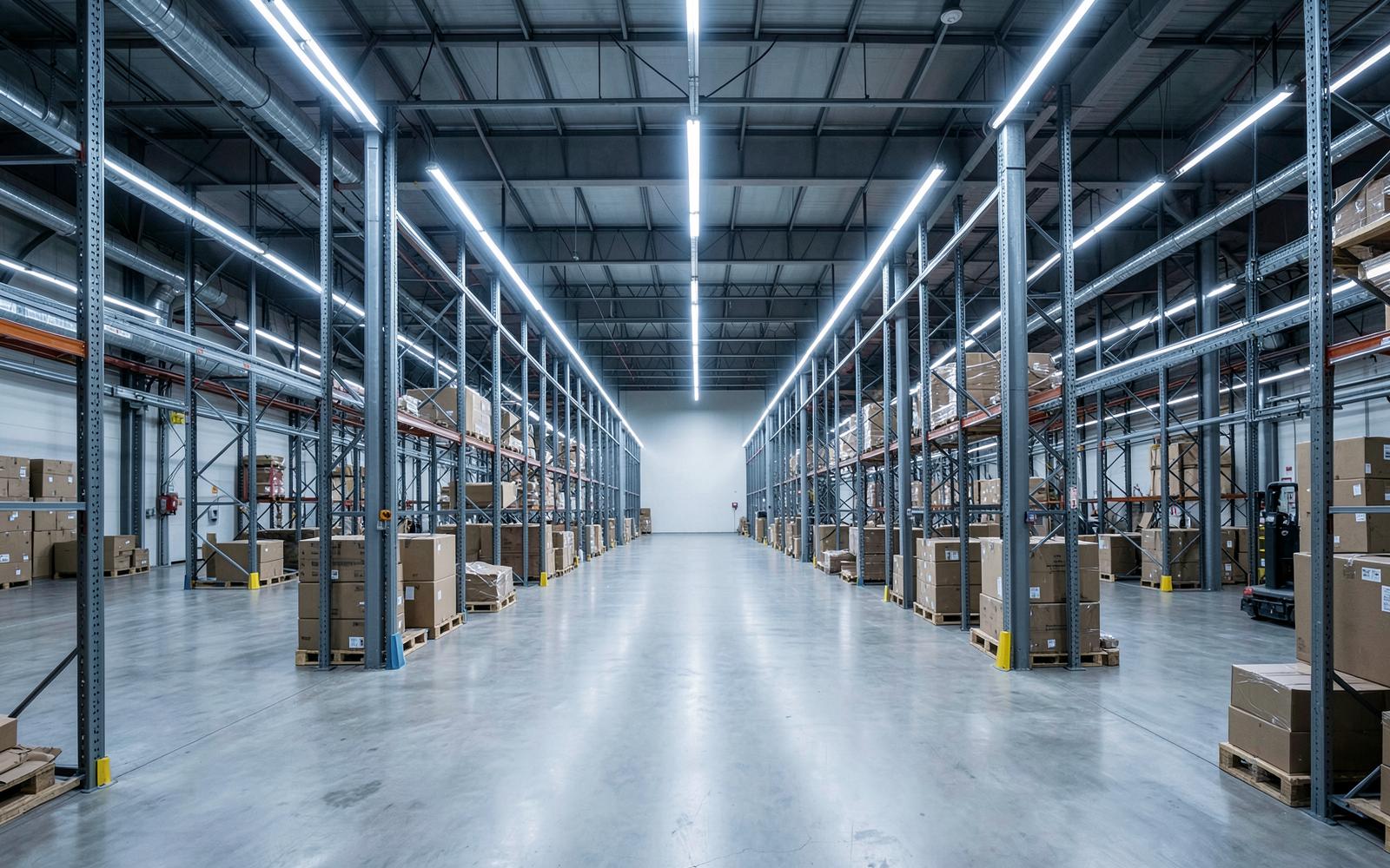 Modern warehouse interior illuminated by rows of LED high bay lighting